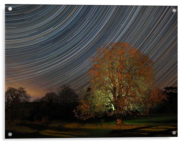 Star trail with lit tree Acrylic by mark humpage