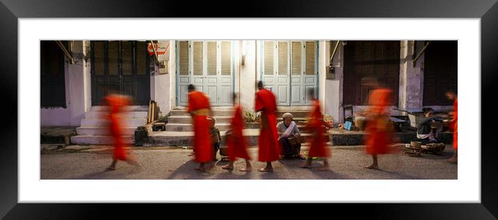Luang Prabang Buddhist Monks Alms Giving Ceremony Laos 3 Framed Mounted Print by Sonny Ryse