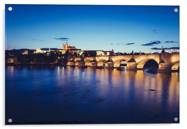 Charles Bridge over River Vltava in Prague at Night  Acrylic by Dietmar Rauscher