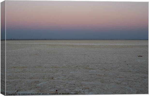Dusk in Makgadikgadi Salt Pan - Empty Flat Plain and Horizon Canvas Print by Dietmar Rauscher
