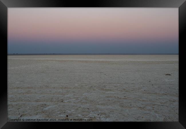 Dusk in Makgadikgadi Salt Pan - Empty Flat Plain and Horizon Framed Print by Dietmar Rauscher