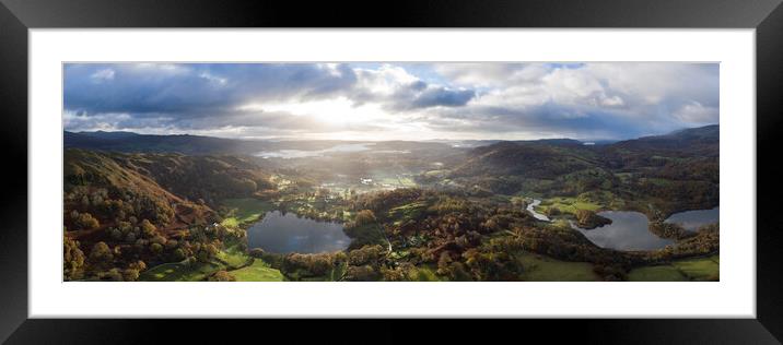 Loughrigg Tarn and Elterwater aerial in autumn Framed Mounted Print by Sonny Ryse