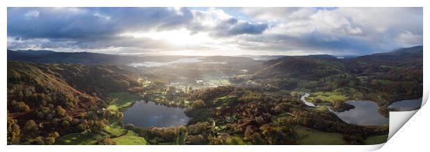 Loughrigg Tarn and Elterwater aerial in autumn Print by Sonny Ryse
