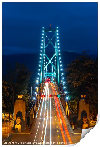 Vancouver, Canada. Lions Gate bridge at night Print by Delphimages Art