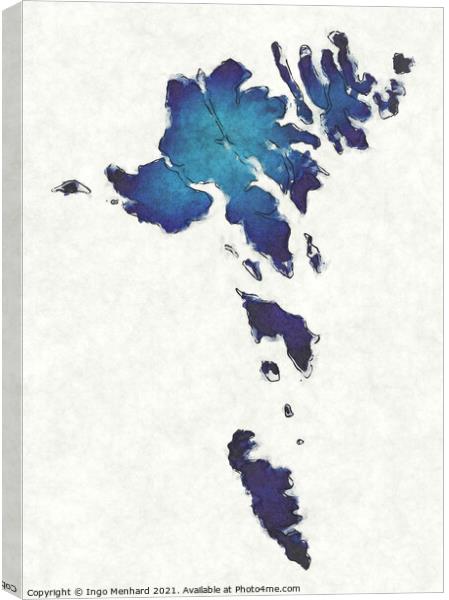 Faroe Islands map with drawn lines and blue watercolor illustrat Canvas Print by Ingo Menhard