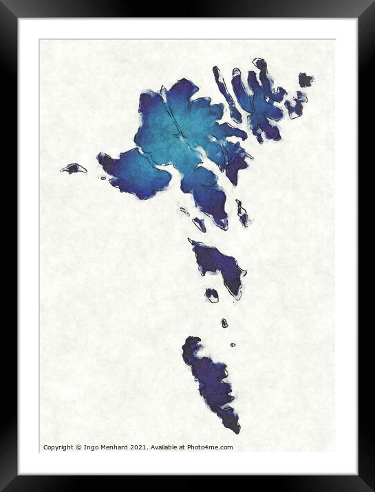 Faroe Islands map with drawn lines and blue watercolor illustrat Framed Mounted Print by Ingo Menhard