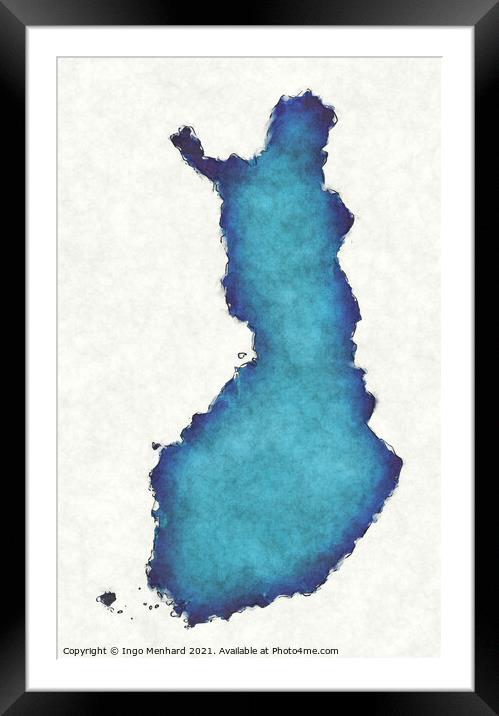 Finland map with drawn lines and blue watercolor illustration Framed Mounted Print by Ingo Menhard