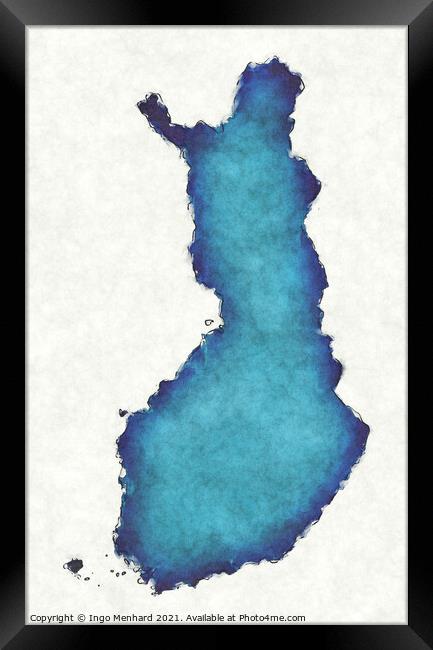 Finland map with drawn lines and blue watercolor illustration Framed Print by Ingo Menhard