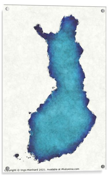 Finland map with drawn lines and blue watercolor illustration Acrylic by Ingo Menhard