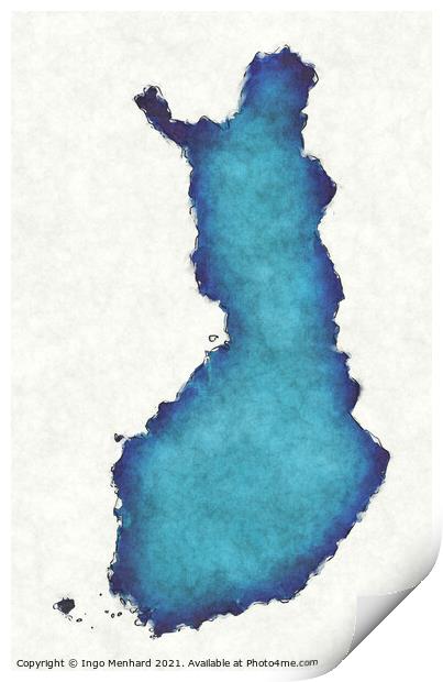Finland map with drawn lines and blue watercolor illustration Print by Ingo Menhard