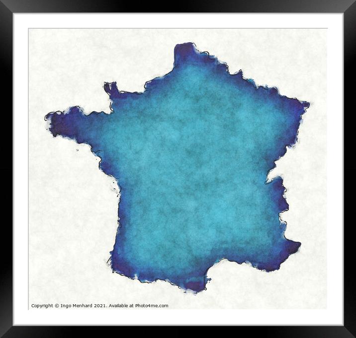 France map with drawn lines and blue watercolor illustration Framed Mounted Print by Ingo Menhard