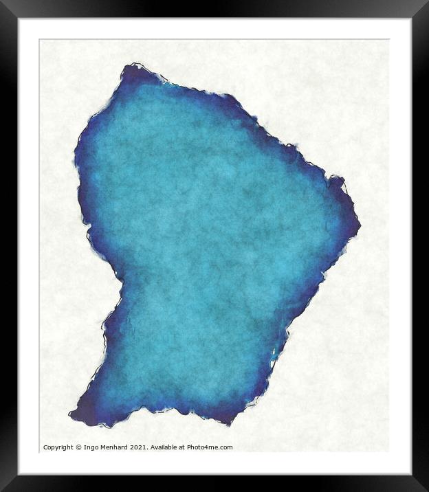 French Guiana map with drawn lines and blue watercolor illustrat Framed Mounted Print by Ingo Menhard