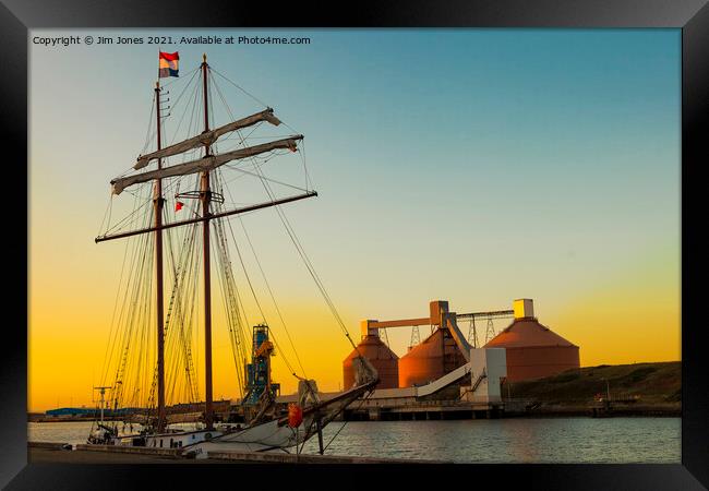 Sunset, sails and Silos Framed Print by Jim Jones