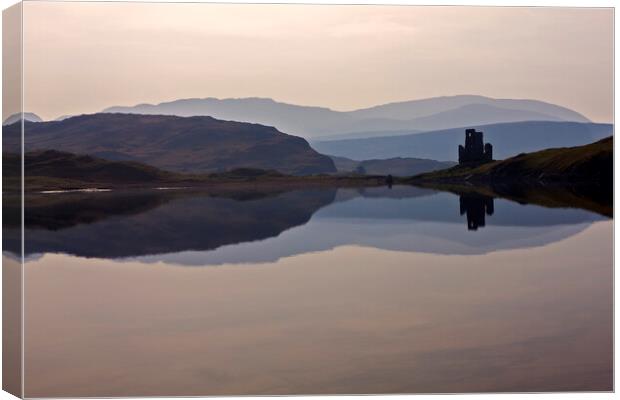 Ardvreck Castle Silhouetted and Reflected in Loch  Canvas Print by Derek Beattie