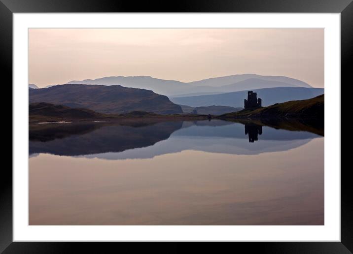 Ardvreck Castle Silhouetted and Reflected in Loch  Framed Mounted Print by Derek Beattie