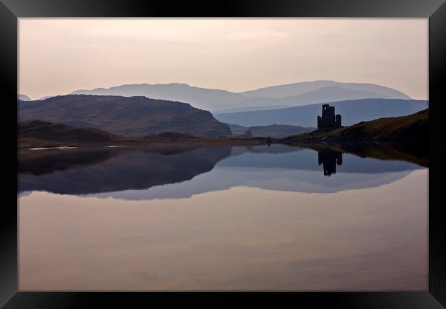 Ardvreck Castle Silhouetted and Reflected in Loch  Framed Print by Derek Beattie