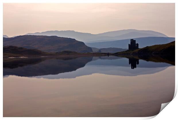 Ardvreck Castle Silhouetted and Reflected in Loch  Print by Derek Beattie