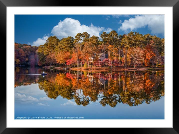 Fisherman on Calm Lake by Home in Autumn Framed Mounted Print by Darryl Brooks