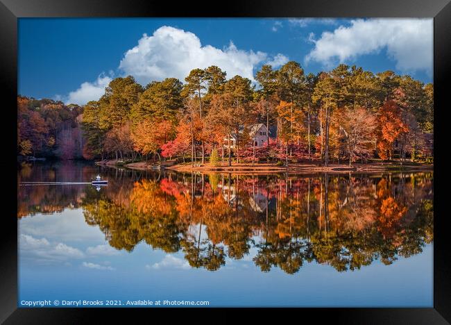 Fisherman on Calm Lake by Home in Autumn Framed Print by Darryl Brooks