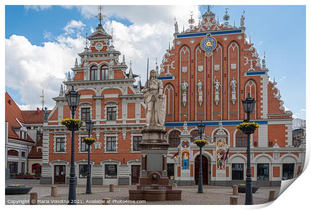House of the Black Heads and Roland Statue in Riga Print by Maria Vonotna