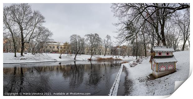 Winter covered in snow park with canal in Riga Print by Maria Vonotna