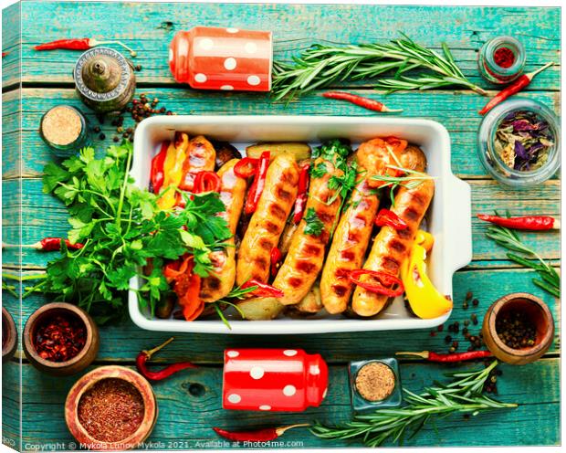 Delicious German grilled sausages,top view Canvas Print by Mykola Lunov Mykola