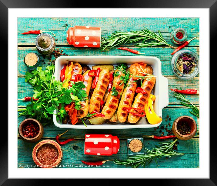 Delicious German grilled sausages,top view Framed Mounted Print by Mykola Lunov Mykola