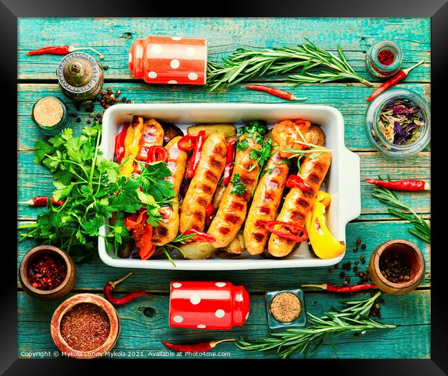 Delicious German grilled sausages,top view Framed Print by Mykola Lunov Mykola