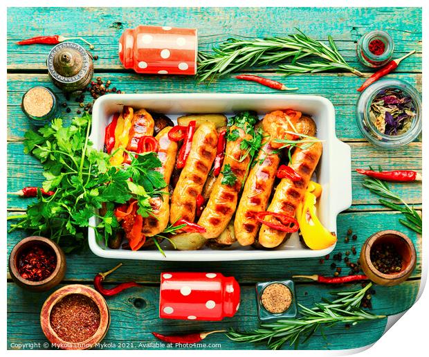 Delicious German grilled sausages,top view Print by Mykola Lunov Mykola