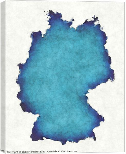 Germany map with drawn lines and blue watercolor illustration Canvas Print by Ingo Menhard