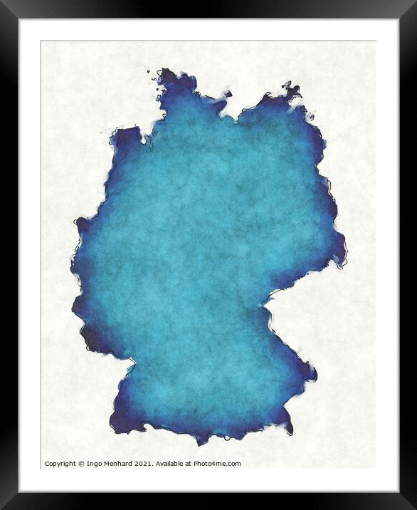 Germany map with drawn lines and blue watercolor illustration Framed Mounted Print by Ingo Menhard