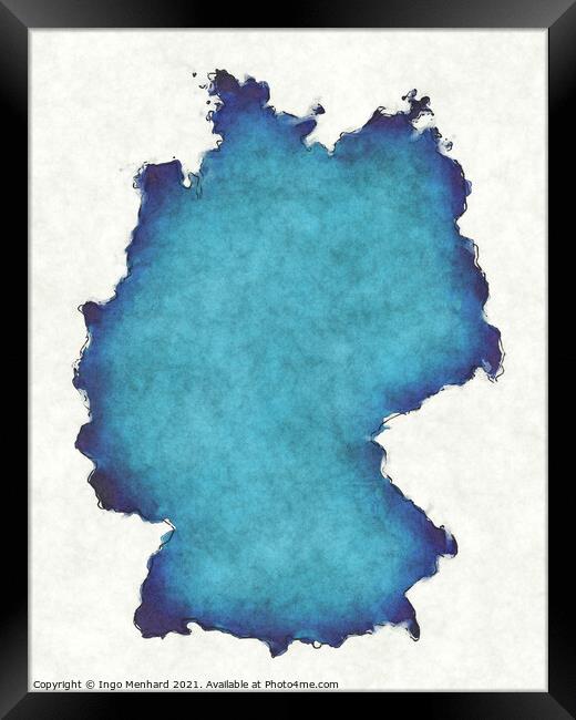 Germany map with drawn lines and blue watercolor illustration Framed Print by Ingo Menhard