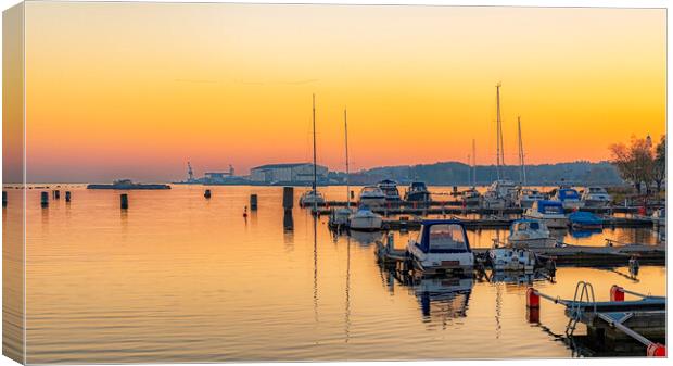 Solvesborg Harbor at Sunset Canvas Print by Antony McAulay