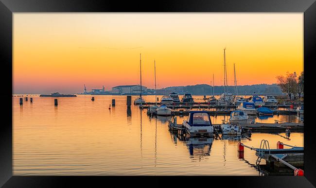 Solvesborg Harbor at Sunset Framed Print by Antony McAulay