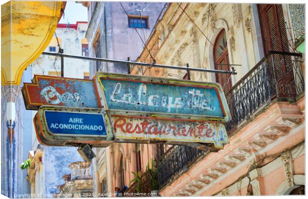 Bar restaurant old signs in Havana, Cuba Canvas Print by Delphimages Art