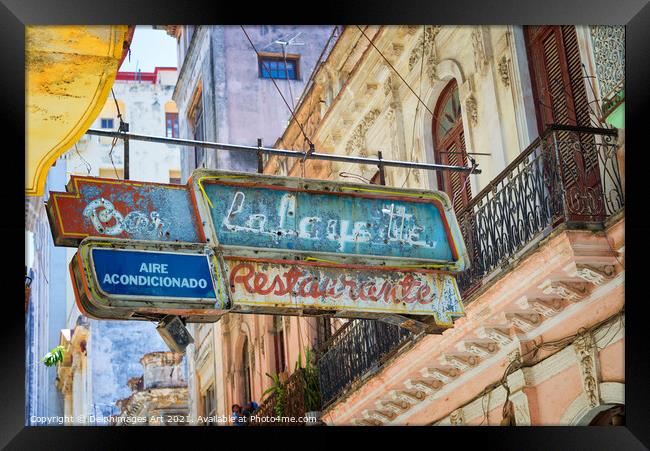 Bar restaurant old signs in Havana, Cuba Framed Print by Delphimages Art