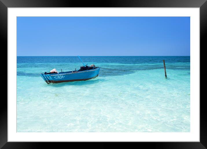 Blue boat on pristine water on the beach in Cuba Framed Mounted Print by Delphimages Art