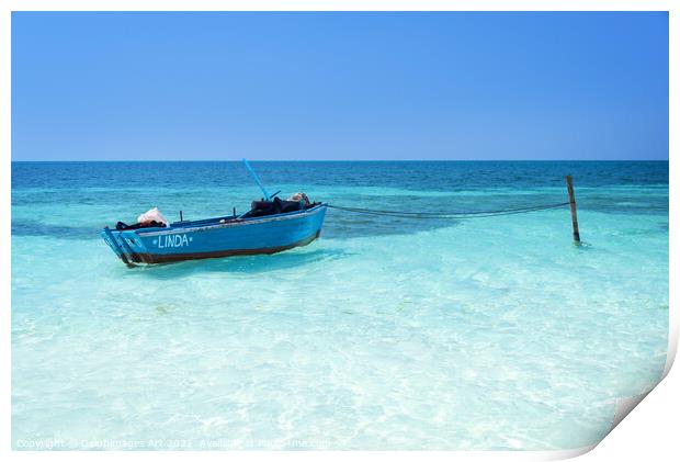 Blue boat on pristine water on the beach in Cuba Print by Delphimages Art