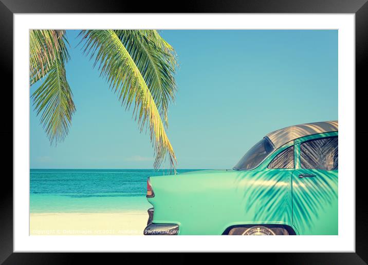 Vintage summer, classic car on a tropical beach Framed Mounted Print by Delphimages Art
