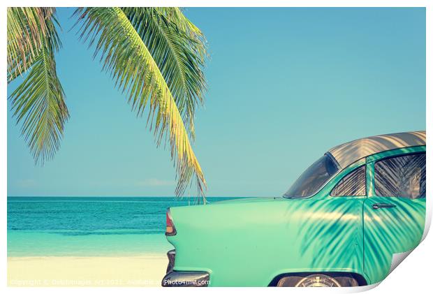 Vintage summer, classic car on a tropical beach Print by Delphimages Art