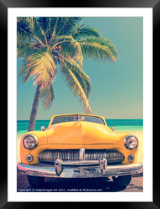 Classic car on a tropical beach with palm tree Framed Mounted Print by Delphimages Art
