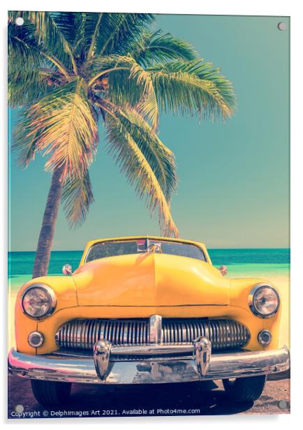 Classic car on a tropical beach with palm tree Acrylic by Delphimages Art
