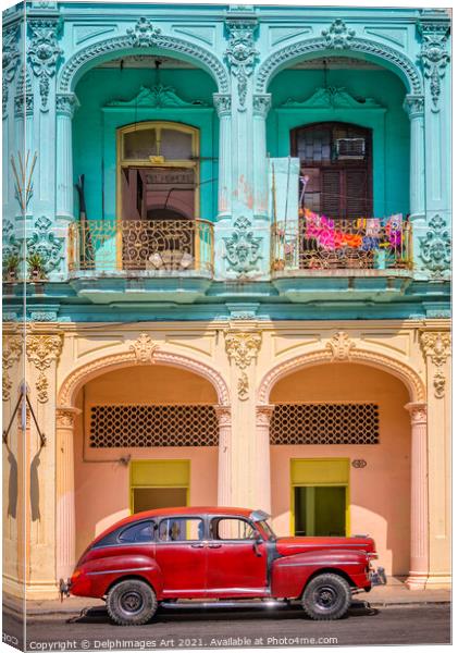 Havana, Cuba. Vintage car and colonial building Canvas Print by Delphimages Art