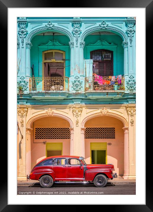 Havana, Cuba. Vintage car and colonial building Framed Mounted Print by Delphimages Art