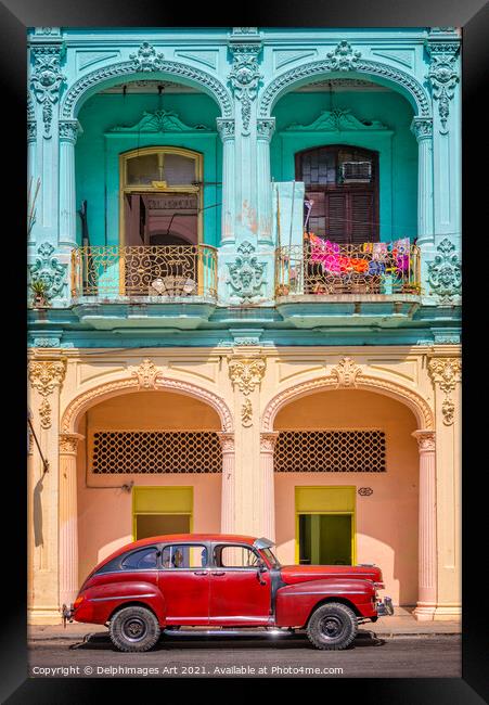 Havana, Cuba. Vintage car and colonial building Framed Print by Delphimages Art