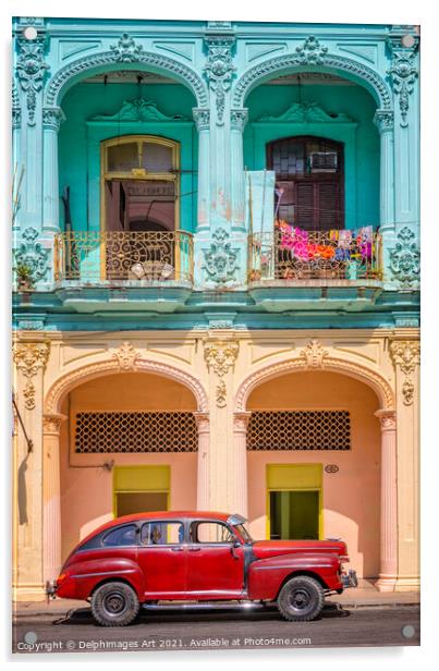 Havana, Cuba. Vintage car and colonial building Acrylic by Delphimages Art