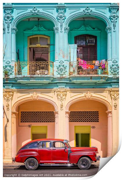 Havana, Cuba. Vintage car and colonial building Print by Delphimages Art