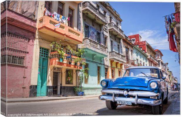 Havana, Cuba. Vintage blue classic car Canvas Print by Delphimages Art