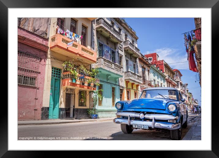 Havana, Cuba. Vintage blue classic car Framed Mounted Print by Delphimages Art