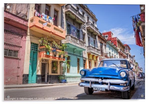 Havana, Cuba. Vintage blue classic car Acrylic by Delphimages Art